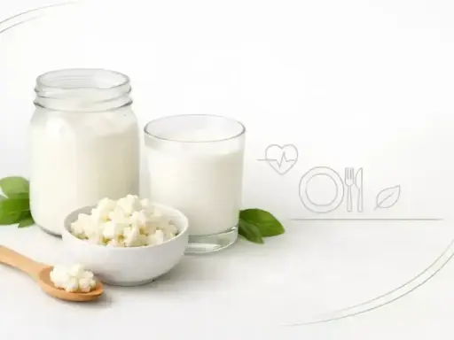 Kefir w słoiku i szklance, ziarna kefirowe na łyżce i w miseczce. Czy kefir jest zdrowy? Tak, to napój pełen probiotyków.