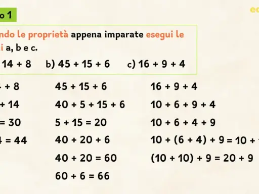 Esercizio 1: dimostra le proprietà dell'addizione con esempi pratici. Calcola le somme a, b, c riorganizzando i numeri.