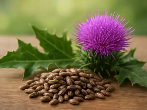 Fleur de chardon-marie violette et graines sur fond boisé. Une image évoquant la cure chardon marie et ses bienfaits naturels.