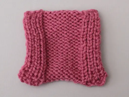 En stickad provlapp i rosa garn, med en vriden maska längs kanterna som ger en vågig effekt.