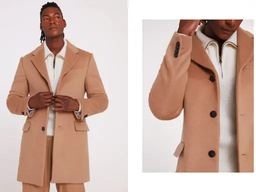 A man models a stylish camel coat, perfect for wearing with a suit. The coat features dark buttons and a classic lapel.