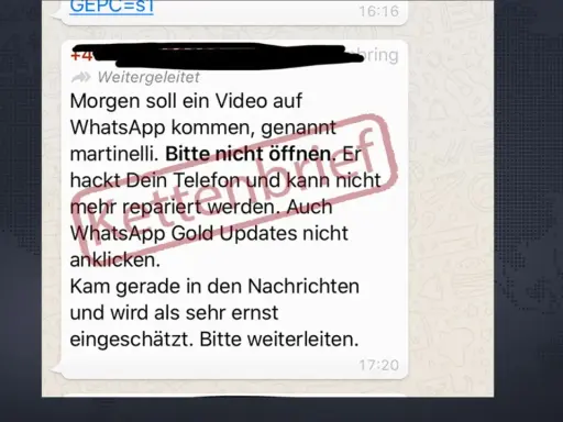 Vorsicht vor dieser **fake sms**! Sie warnt vor einem Video, das angeblich das Handy hackt. Nicht öffnen oder anklicken!