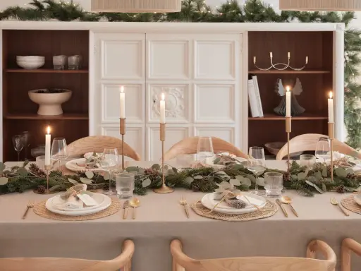 Elegancko nakryty stół na Boże Narodzenie z girlandą z gałązek, świecami i złotymi sztućcami. Inspiracja, jak udekorować stół na Boże Narodzenie.