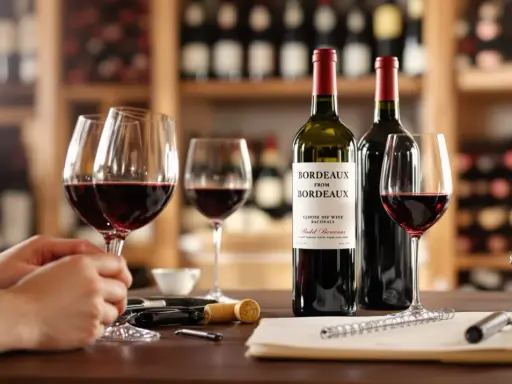 Dégustation de vins de la rive droite de Bordeaux, avec des verres remplis, des bouteilles et un carnet pour prendre des notes.
