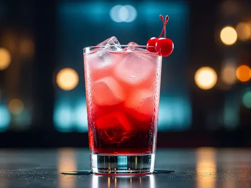 En röd drink med is och körsbär, som en brandbil som parkerat vid en bar.