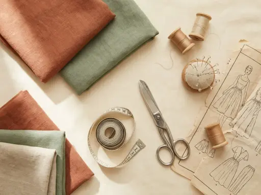 Syddesign med tyger i rost och grönt, trådrullar, nåldyna, måttband och mönster för en sy jacka.