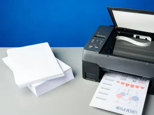 Stos białego papieru obok drukarki, która właśnie drukuje dokument. Idealna klasa papieru do biurowych zastosowań.