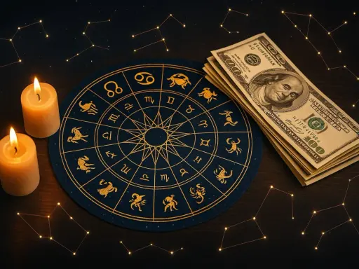 Zodiakalny krąg i banknoty dolarów sugerują horoskop finansowy dzienny. Dwie świece dodają tajemniczości.