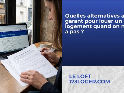 Une personne étudie des documents sur la recherche d'un logement sans emploi ni garant. Le texte sur l'écran et les papiers suggère des alternatives.
