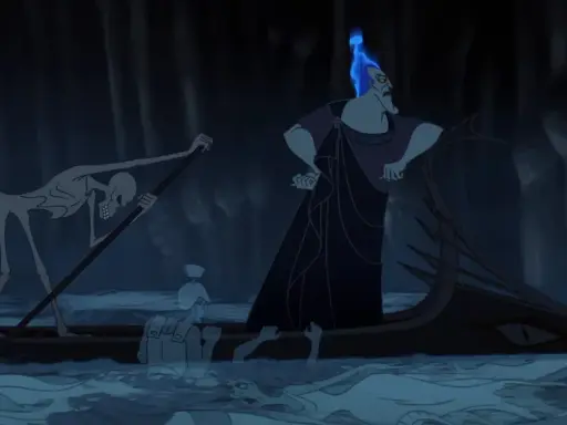 Hades, Herrscher der Unterwelt der griechischen Sage, steht auf einem Boot, während Charon rudert. Geister treiben im Wasser.