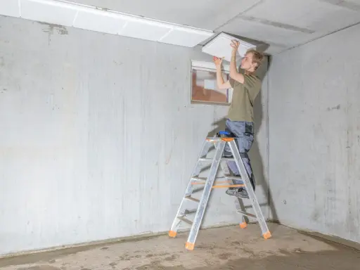 Mann auf Leiter montiert weiße Platten zur kellerdecke isolieren.
