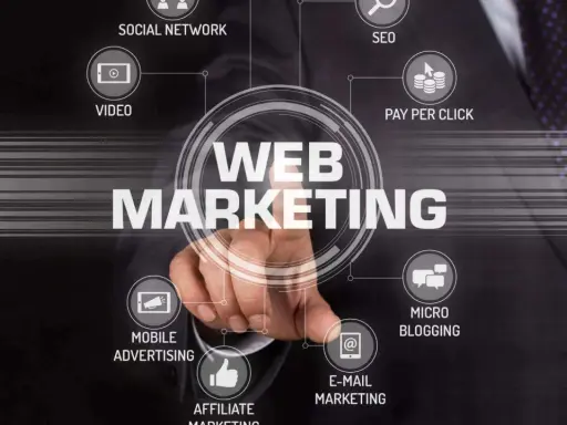 Un uomo tocca uno schermo con le parole "Web Marketing". Il corso di web marketing manager copre SEO, social, video, PPC, email, microblogging e affiliate.