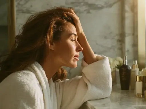 Femme en peignoir blanc, main sur la tête, le regard perdu. Elle semble ressentir de la fatigue et une perte de cheveux.
