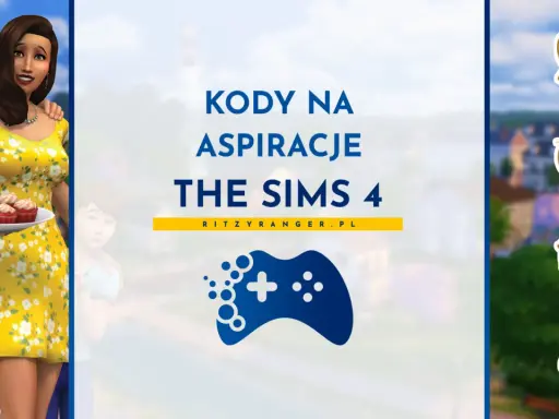 Kody na aspiracje The Sims 4. Uśmiechnięci Simowie z babeczkami, ikony gry i tło z miasteczkiem.