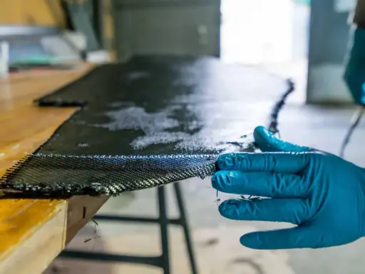 Main d'une personne en gant bleu manipulant un tissu de carbone imbibé de résine, une étape clé pour comprendre qu'est-ce que l'epoxy dans la fabrication composite.