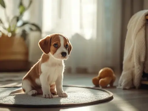 Un chiot adorable assis sur un tapis, se demandant à quel âge un chien est propre.