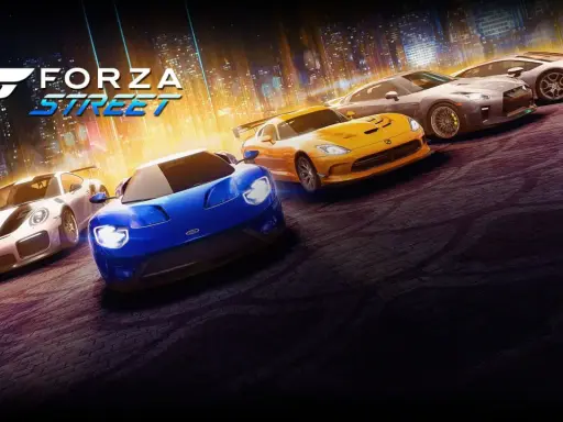 Pięć sportowych samochodów, w tym niebieski Ford GT i żółty Dodge Viper, gotowych do wyścigu w grze Forza Street.