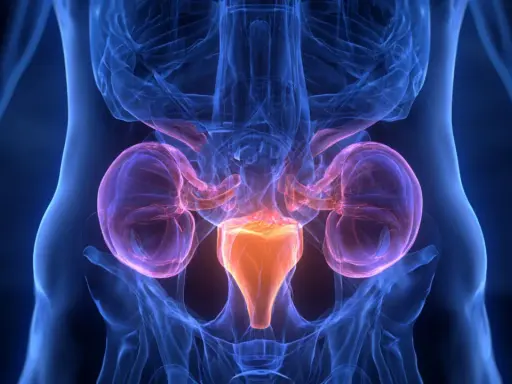 Anatomia układu moczowego z widocznymi nerkami i pęcherzem. Grafika ilustruje powiększona prostata leczenie.