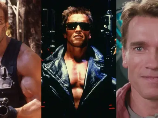 Arnold Schwarzenegger i tre ikoniska roller från sina filmer. Från djungeln med vapen till den tuffa Terminator.