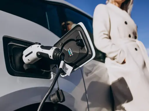 Cargando un coche eléctrico. Descubre cuanto se ahorra con un coche eléctrico y disfruta de la movilidad sostenible.
