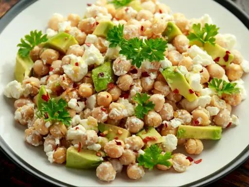 Pyszna sałatka z ciecierzycą, awokado i fetą, posypana płatkami chili i udekorowana natką pietruszki.