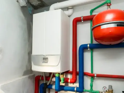 Nowy biały piec gazowy podłączony do czerwonych i niebieskich rur, z czerwonym naczyniem przeponowym.