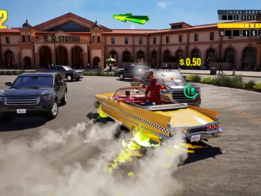 Żółta taksówka wykonuje szalony drift, zostawiając za sobą dym i zielone płomienie. Gra w stylu crazy taxi.