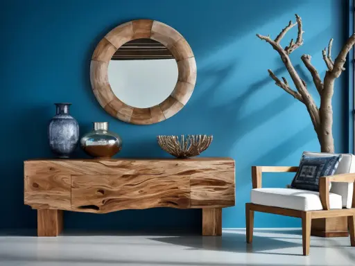 Console en bois brut, miroir rond, vases et fauteuil blanc. Une branche d'arbre sec ajoute une touche naturelle, une belle idée bois flotté.