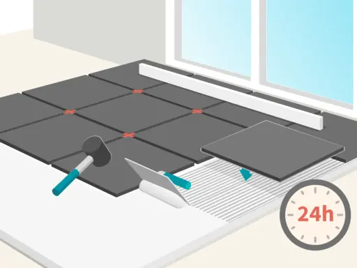 Illustration montrant par où commencer la pose d'un carrelage au sol. Outils et carreaux sont présents, avec une indication de 24h de séchage.