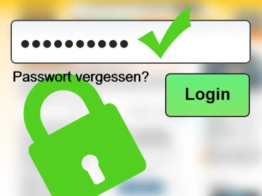 Login-Feld mit Punkten, Häkchen und Schloss-Symbol. "Passwort vergessen?" und "Login"-Button.