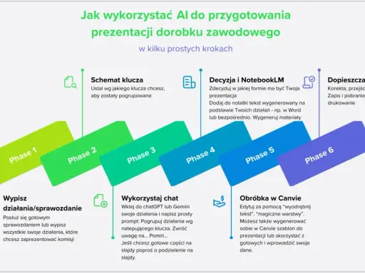 AI pomaga w przygotowaniu prezentacji dorobku zawodowego nauczyciela: od wypisania działań, przez tworzenie schematu, generowanie treści, po dopracowanie finalnej wersji.