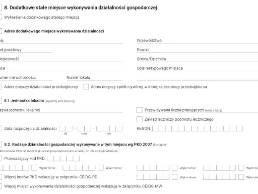 Formularz do wpisania danych o dodatkowym miejscu wykonywania działalności gospodarczej, w tym adres i kody PKD.