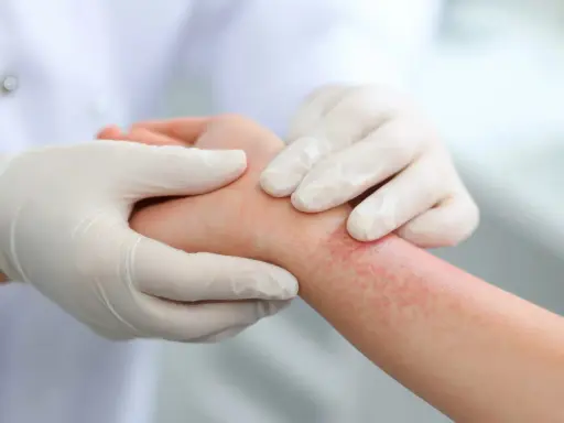 Mains gantées examinant une éruption cutanée rouge sur un poignet, suggérant un traitement eczema.