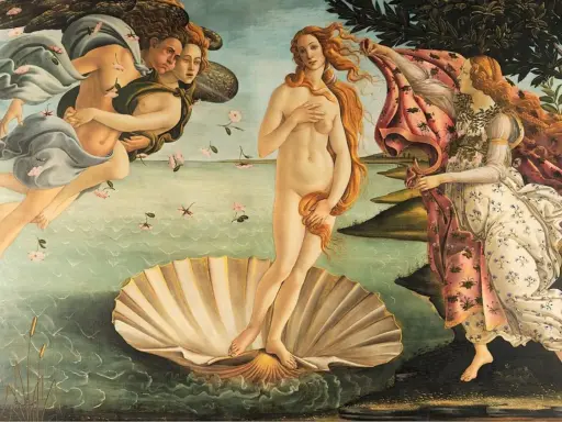 La Naissance de Vénus, chef-d'œuvre de Botticelli à Florence, dépeint la déesse sur une coquille, accueillie par les Vents et une Hora.