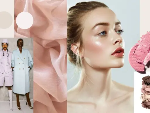 Moodboard con palette colori neutri e pastello, abiti eleganti e make-up luminoso. Un'ispirazione per capire l'armocromia cos'è.