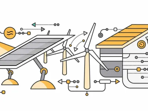 Ilustracja koncepcyjna: dom pasywny projekt z panelami słonecznymi, turbiną wiatrową i systemem dystrybucji energii.
