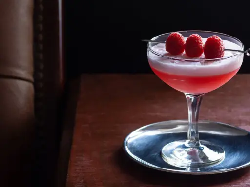 Ein eleganter Clover Club Cocktail mit Himbeeren auf einem silbernen Untersetzer, bereit zum Genuss.