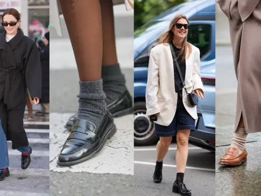 Women's loafers styled with socks: grey ribbed socks with black loafers, sheer black socks with black loafers, and beige ribbed socks with brown loafers.
