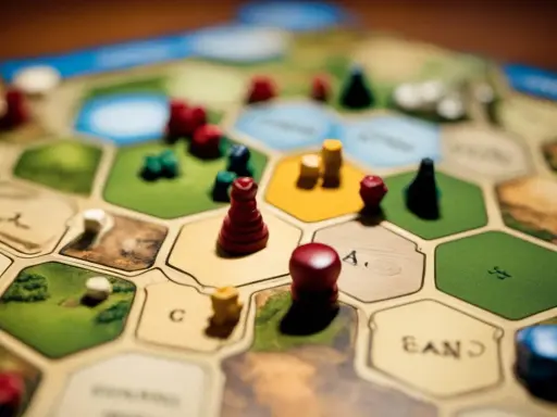 Plansza do gry Catan, z pionkami i zasobami. Catan instrukcja jest kluczem do zwycięstwa.
