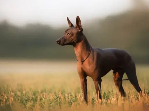 Un chien mexicain, sans poil, se tient dans un champ d'herbes hautes au lever du soleil.