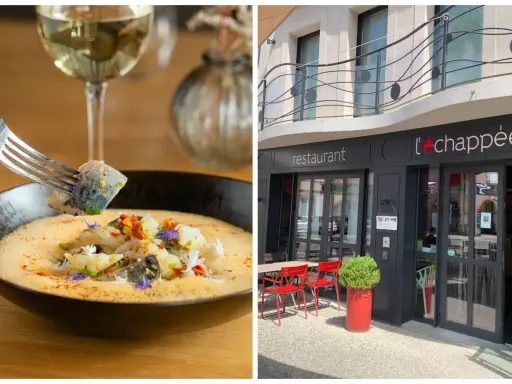 Délicieuse nourriture française dans un restaurant élégant. Un plat de poisson savoureux avec une touche de couleur, servi avec du vin blanc.