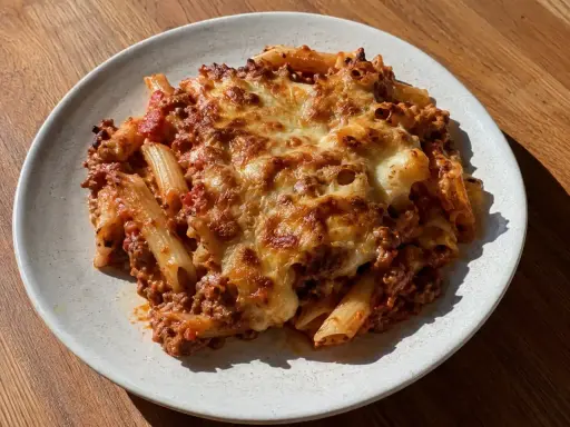 En tallrik med gratinerad pasta med köttfärssås och smält ost. En riktig klassiker som värmer själen.