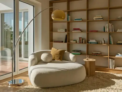 Un accogliente angolo lettura con divanetto curvo, libreria in legno e lampada ad arco. Perfetto per creare le tue idee angolo lettura.