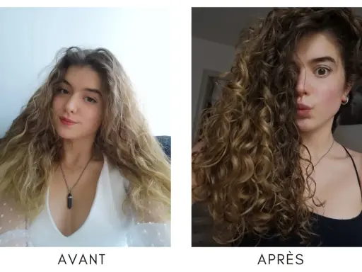 Avant : cheveux mi-longs, ondulés et un peu frisottis. Après : cheveux bouclés, brillants et pleins de vie.
