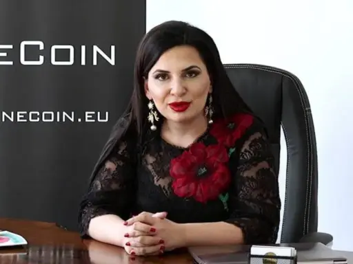 Rupert Ignatov, w czarnej koronkowej sukni z czerwonymi kwiatami, siedzi przy biurku.