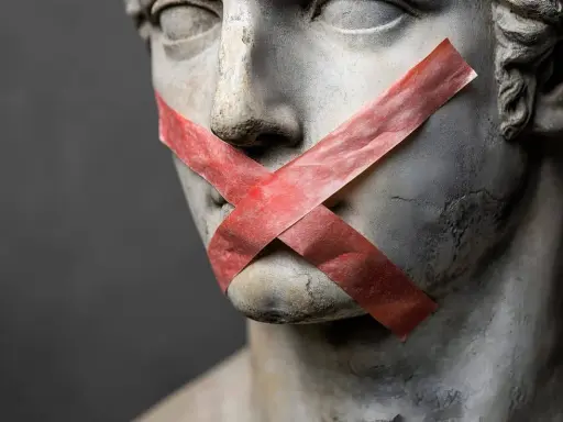 Busto di statua con nastro rosso a X sulla bocca, un esempio di antitesi tra arte e censura.