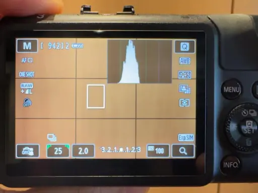 Schermo di una fotocamera **Canon M** in modalità manuale, con istogramma e impostazioni visibili.