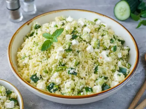 Frischer Couscous Salat mit Feta, Gurken und Minze, garniert mit einer Minzblatt.
