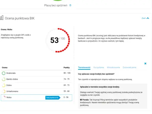 Ocena punktowa BIK (scoring) to 53/100. Niska ocena oznacza, że jesteś w grupie 20% osób z najniższym scoringiem.