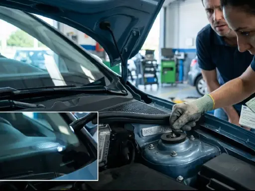 Mecánicos revisan los números para troquelar chasis en un coche. Un detalle muestra el número de identificación del vehículo grabado en el parabrisas.